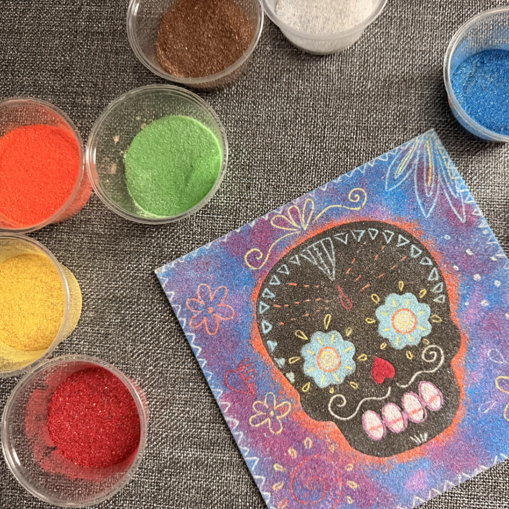 Hand-painted Day of the Dead sugar skulls and pottery at a Mexican market
