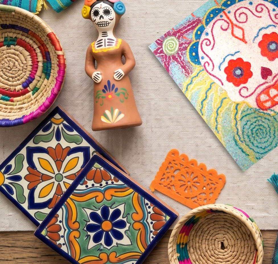 Hand-painted Day of the Dead sugar skulls and pottery at a Mexican market